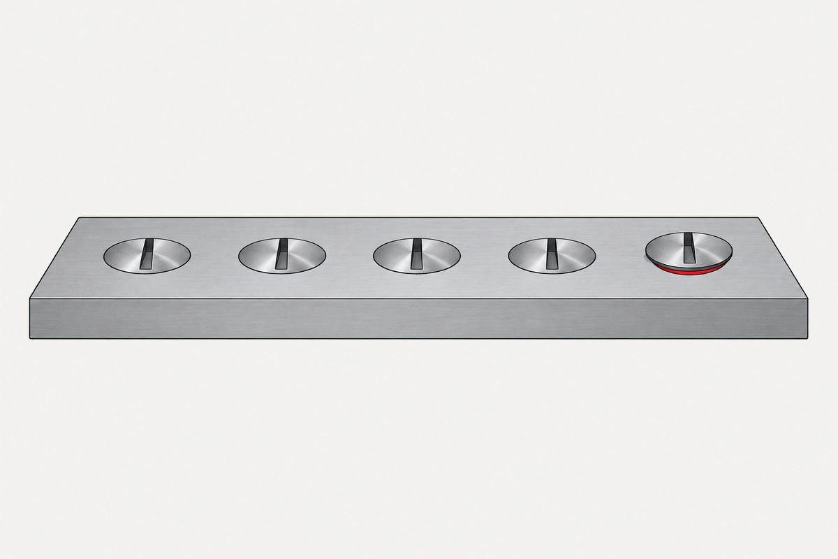 Five countersunk screws in a steel plate, with one raised above a red gap.
