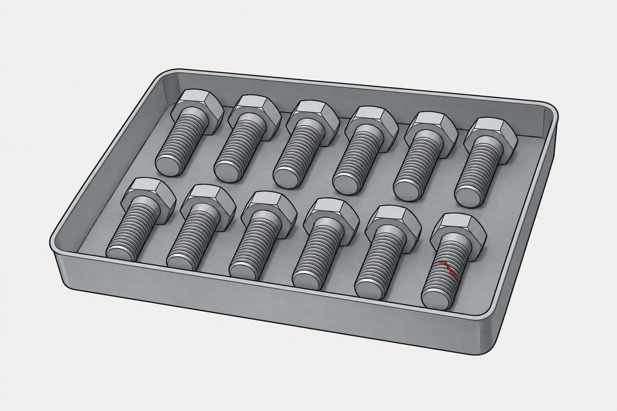 A steel tray holds twelve hex-head bolts; one bolt has a red crack across its threaded shank.