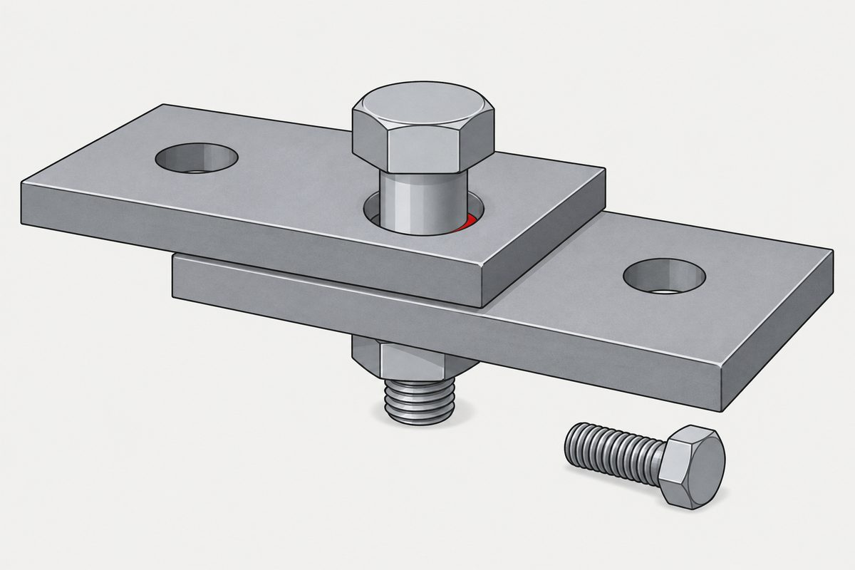 A hex bolt joins two offset steel plates, with the interference at the hole edge highlighted in red.