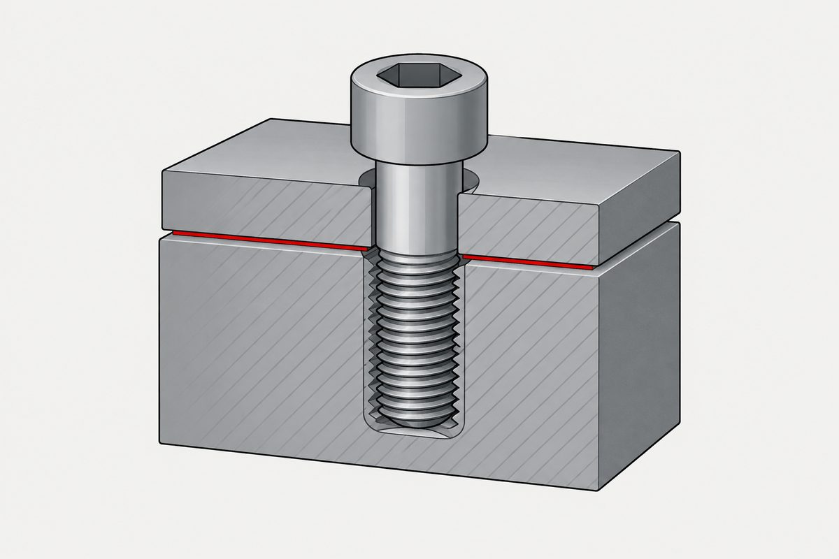 Cutaway steel joint with a screw touching the blind-hole bottom and a thin red gap between the mating parts.
