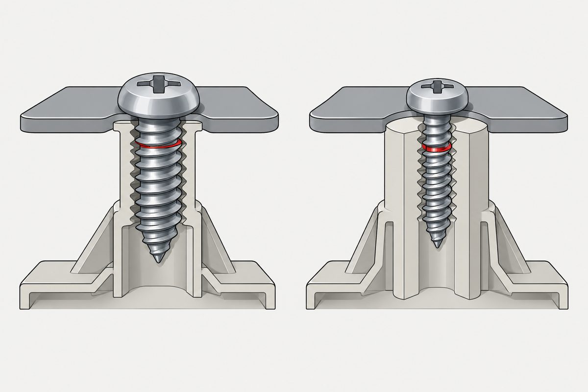 Two cutaway joints show a large screw in a narrow boss and a smaller screw in a thicker housing boss.