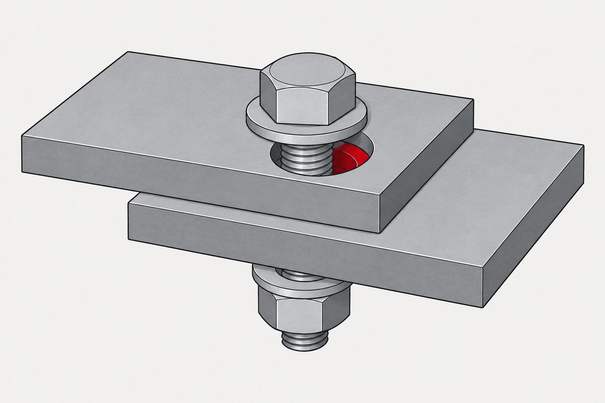 Two offset gray steel plates joined by a hex bolt, with the clearance gap around the shank highlighted in red.