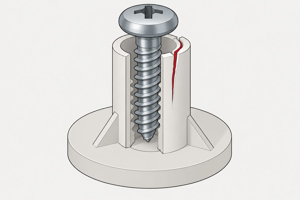 Cutaway plastic boss with an intact steel screw and one red-highlighted crack in the wall.