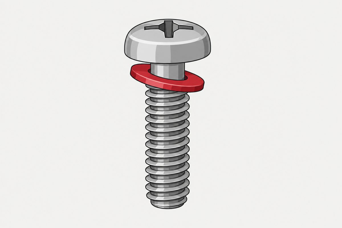 A steel Phillips-head screw with a tilted red captive washer above its rolled threads on a light grey background.