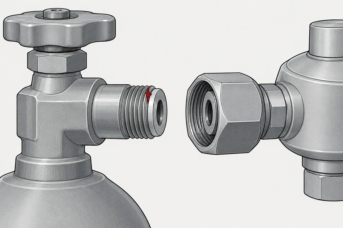 Steel gas-cylinder valve and regulator connector aligned apart, with a red dent in the thread beside the sealing face.