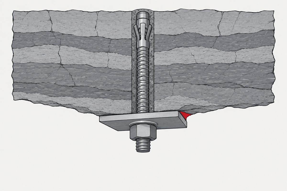 Cutaway rock roof with a steel anchor bolt and bearing plate, separated at one edge by a narrow red gap.