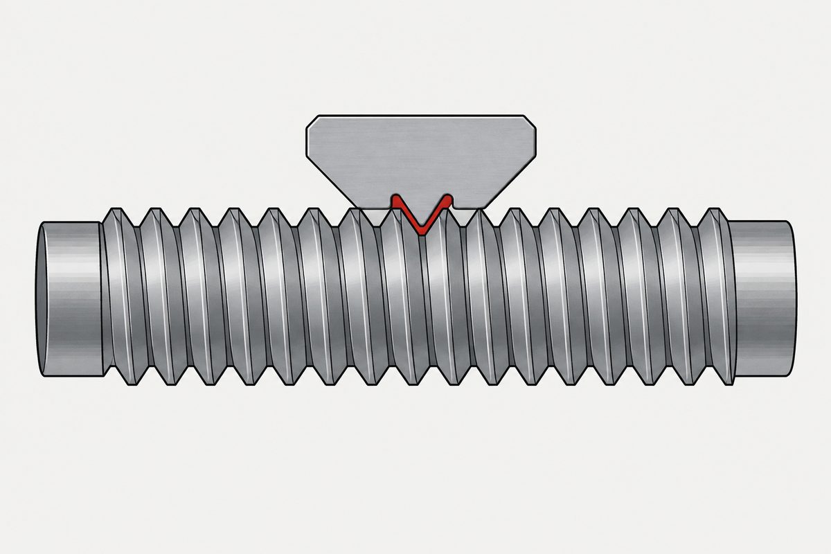 A steel thread gauge rests on a threaded rod, with its V-shaped contact notch highlighted in red.