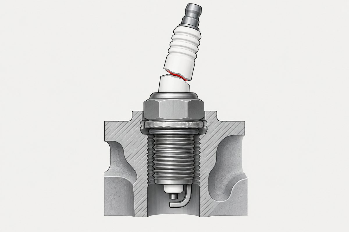 Cutaway spark plug with a crushed sealing gasket and a red-lined fracture through the ceramic insulator.