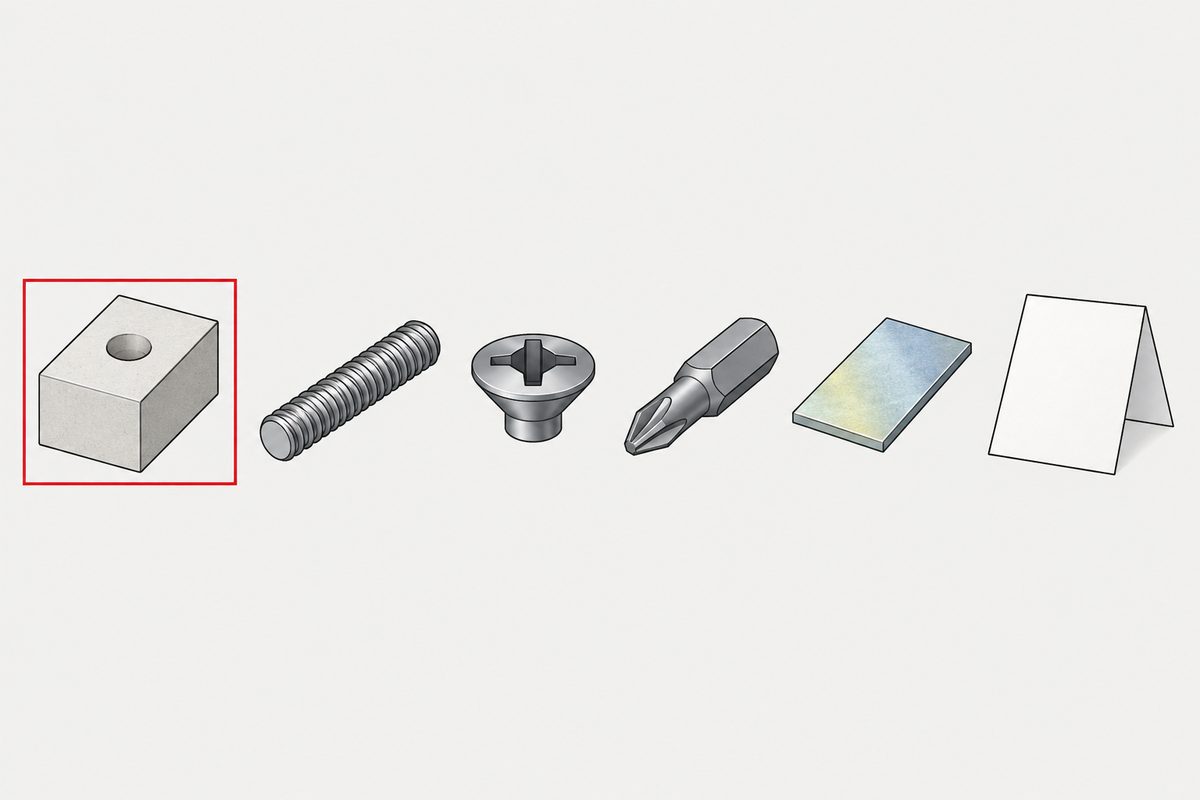 Six objects in a row: a drilled block, threaded shank, screw head, driver bit, metal swatch, and folded blank sheet.