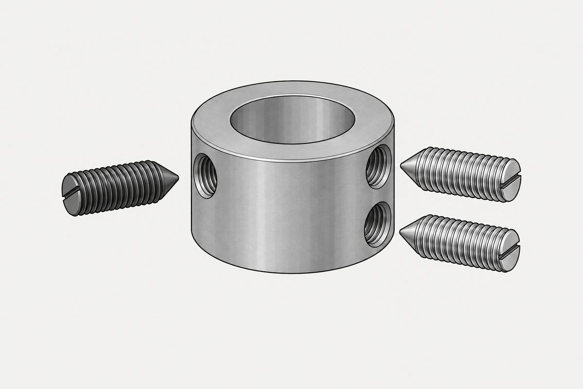 A steel shaft collar between one dark and two bright slotted cone-point set screws.