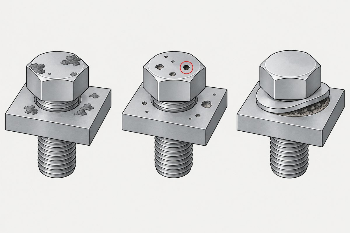 Three steel bolted joints show surface deposits, small pits, and corrosion beneath a washer.