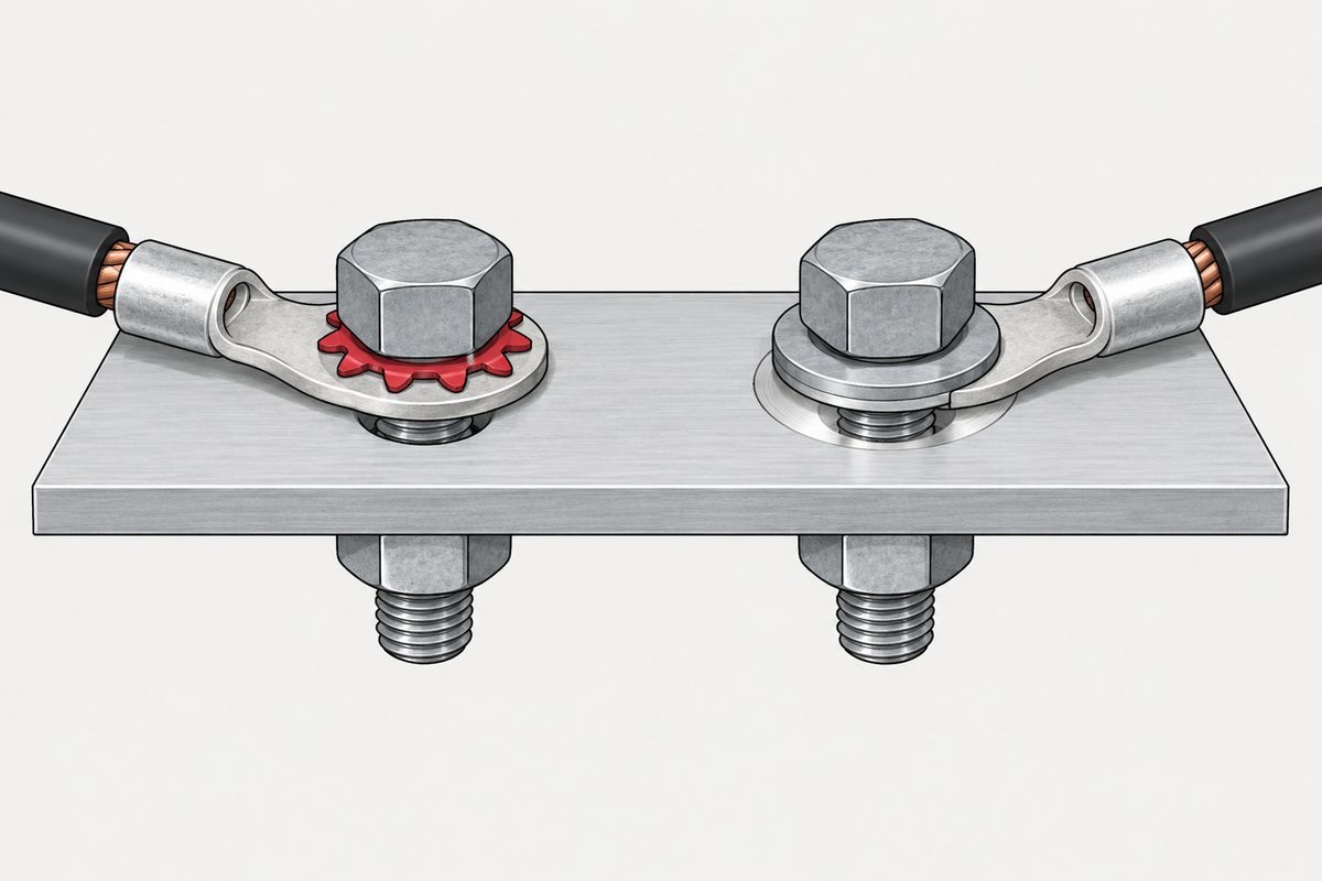 Two bolted terminals on an aluminum panel, with a red star washer under the left terminal.