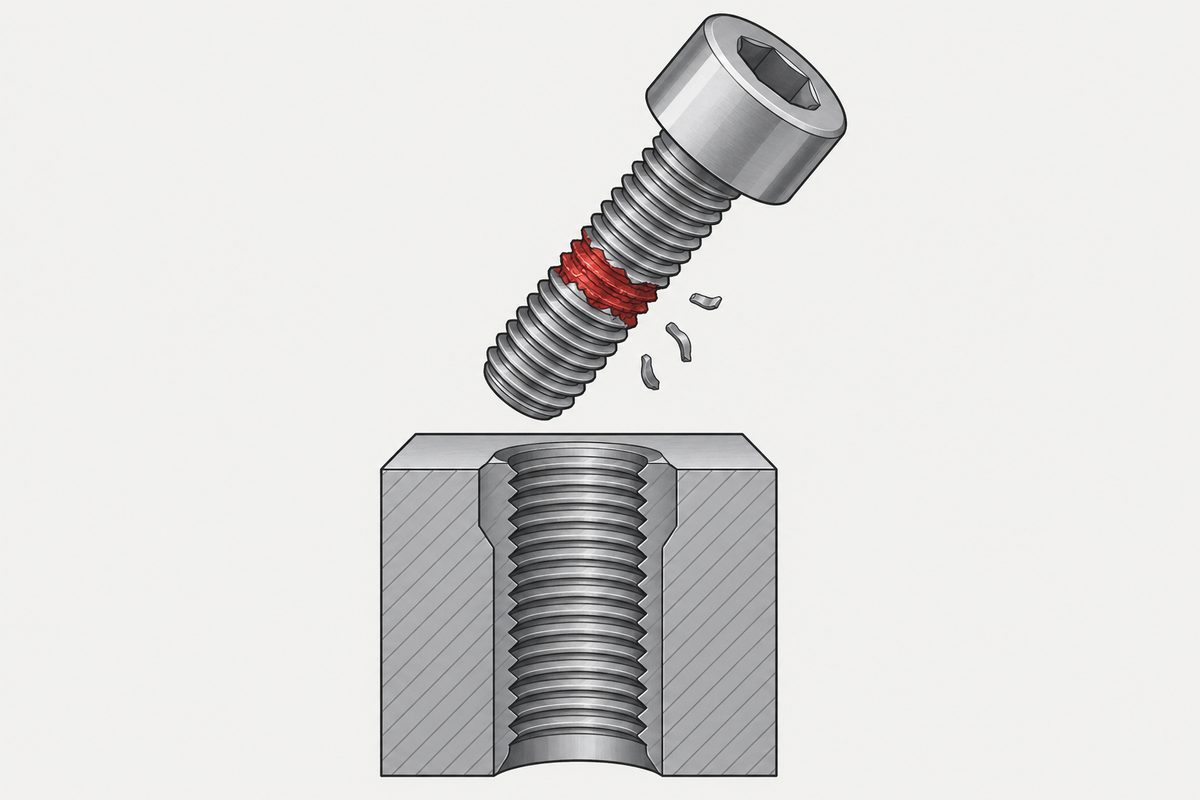 A socket-head screw with a red, stripped thread band hovers above a cutaway block with intact internal threads.