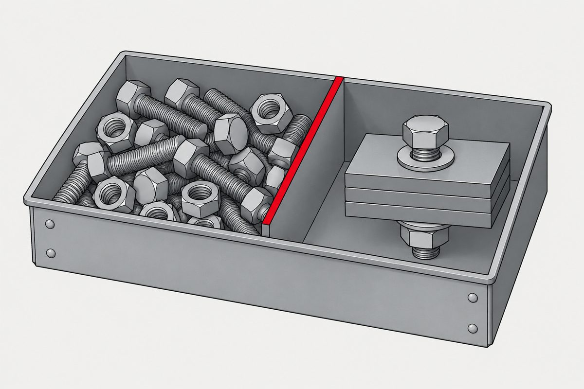 A divided steel tray holds loose bolts and nuts on one side and one bolted three-layer joint on the other.