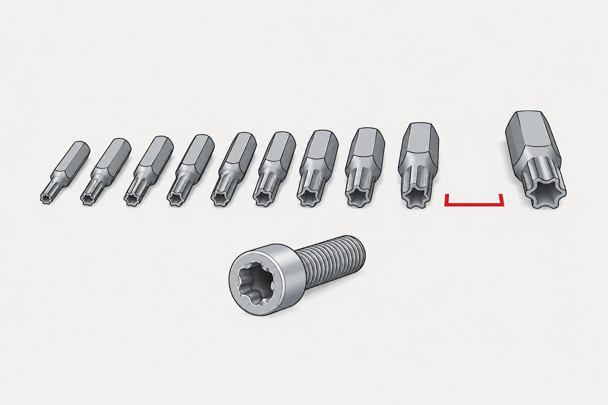 A row of star-drive bits in increasing size with a red bracket marking one empty slot, and a star-drive screw in front.