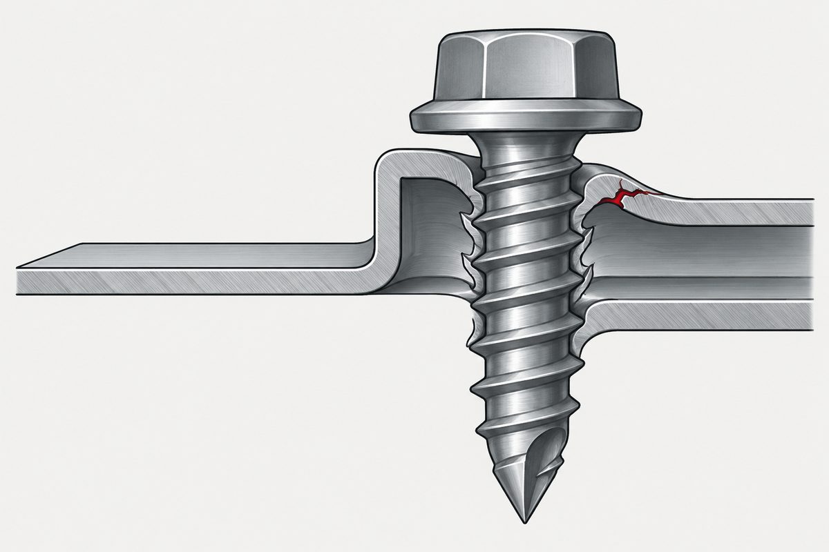 Cutaway of a self-tapping screw in thin steel sheet, with one red crack at the hole edge.