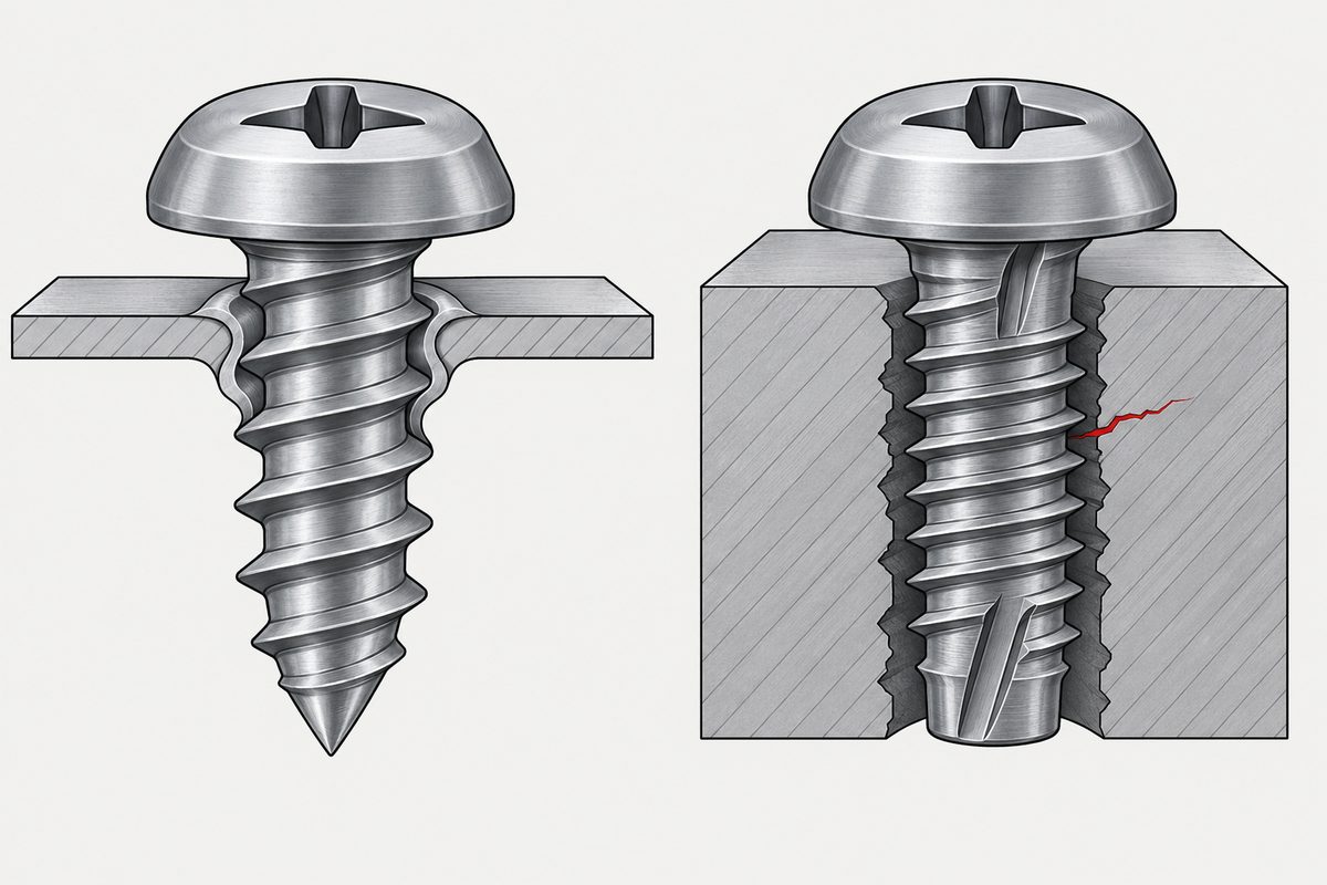 Cutaways show a coarse pointed screw in thin sheet and a fluted fine-thread screw cracking a thick steel boss.