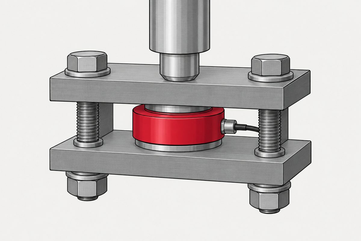 Two bolts clamp steel brackets around a red pancake load cell beneath a centered loading nose.