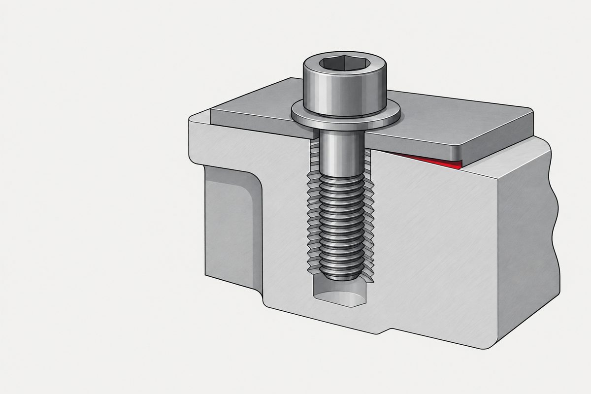 Cutaway steel socket-head screw in an aluminium housing, with a thin red gap beneath one edge of the cover plate.