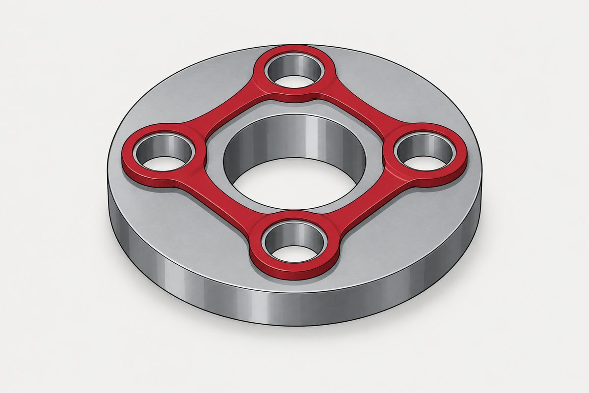 Steel circular flange with four equally spaced holes joined by a red four-lobed retaining cage.