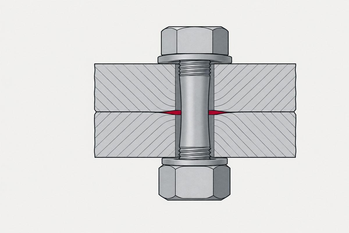Sectioned bolt and nut clamp two thick steel plates, with a narrow red contact band at the joint interface.