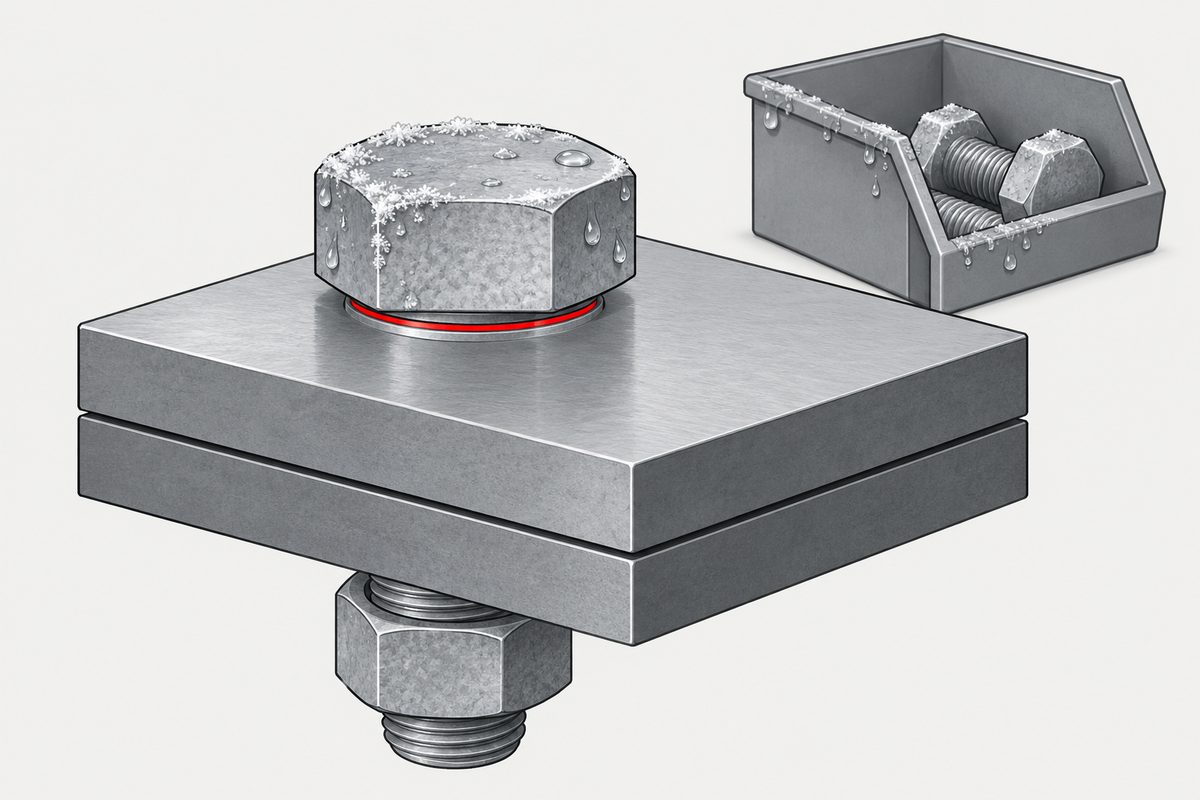 A frosted hex bolt clamps two steel plates, with a red ring under its head and an open bolt bin behind.