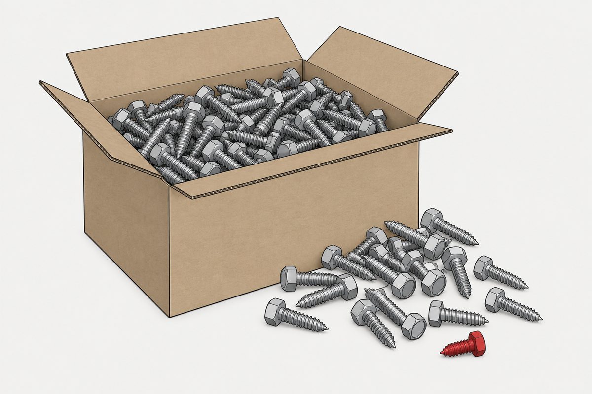 An open carton of steel hex-head screws, with one shorter red screw isolated among the spilled fasteners.