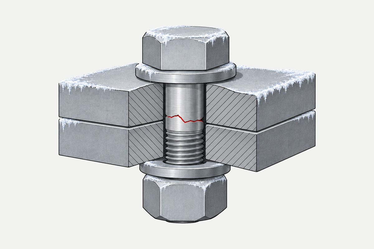 Cutaway of a frosted steel bolted joint with a red crack across the bolt shank.
