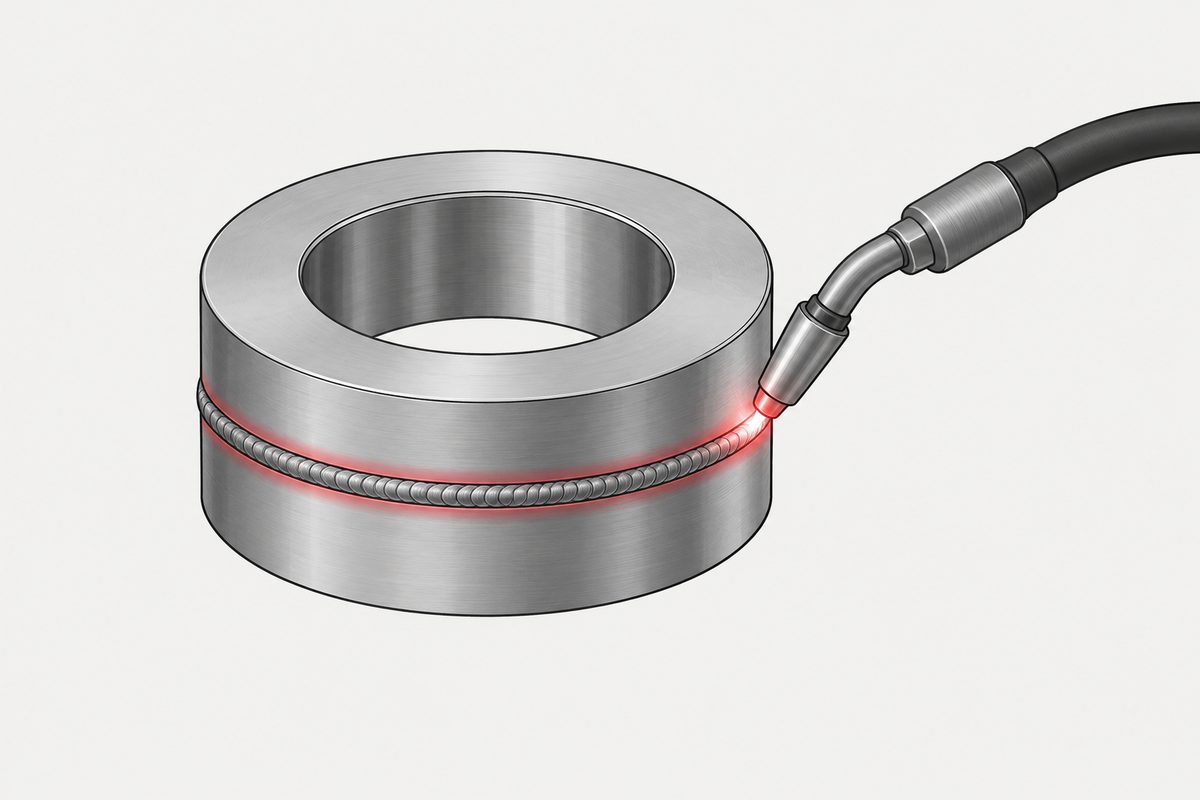 A welding torch joins two stacked steel spacer rings, with a red heat-affected band along the seam.