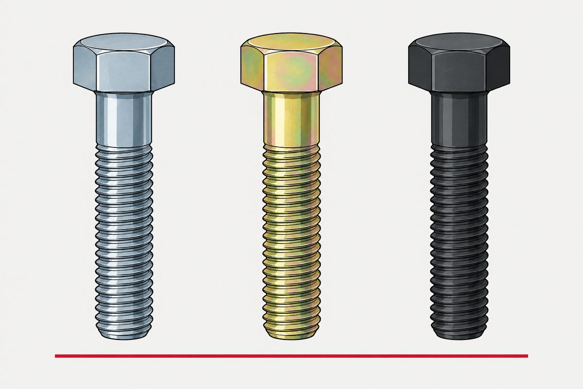 Three matching hex bolts in blue-clear, iridescent yellow, and black zinc finishes above a thin red line.