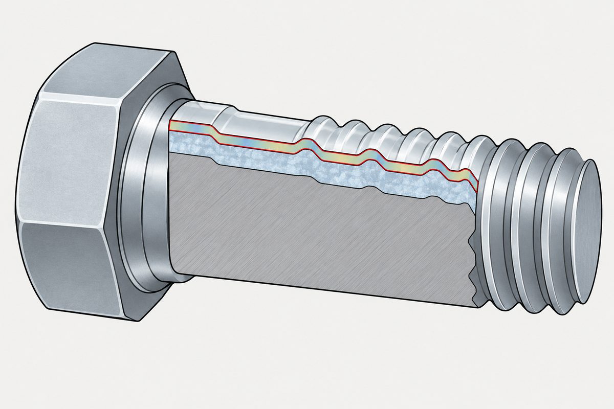 Schematic cutaway of a zinc-plated bolt surface: grey steel, a bluish zinc layer, and the passivation film outlined in red