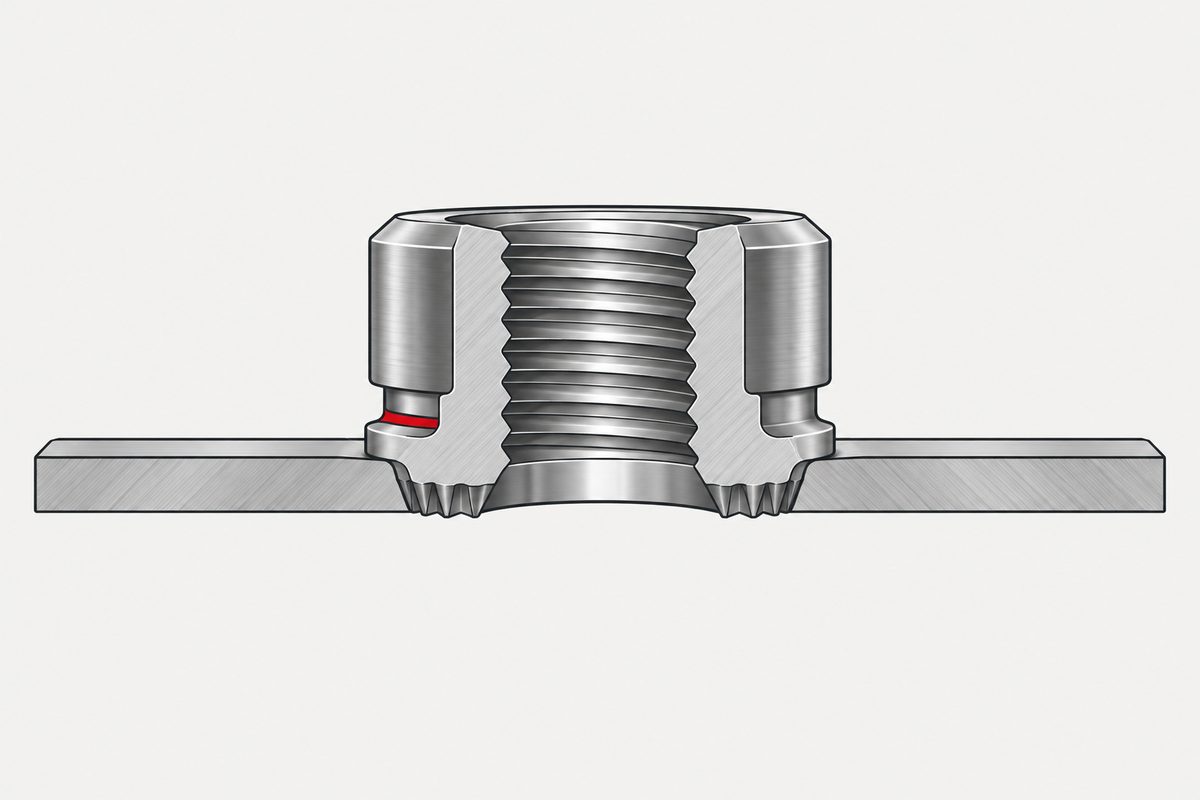 Cutaway stainless clinch nut seated in a steel sheet, with a red gap beneath one shoulder.