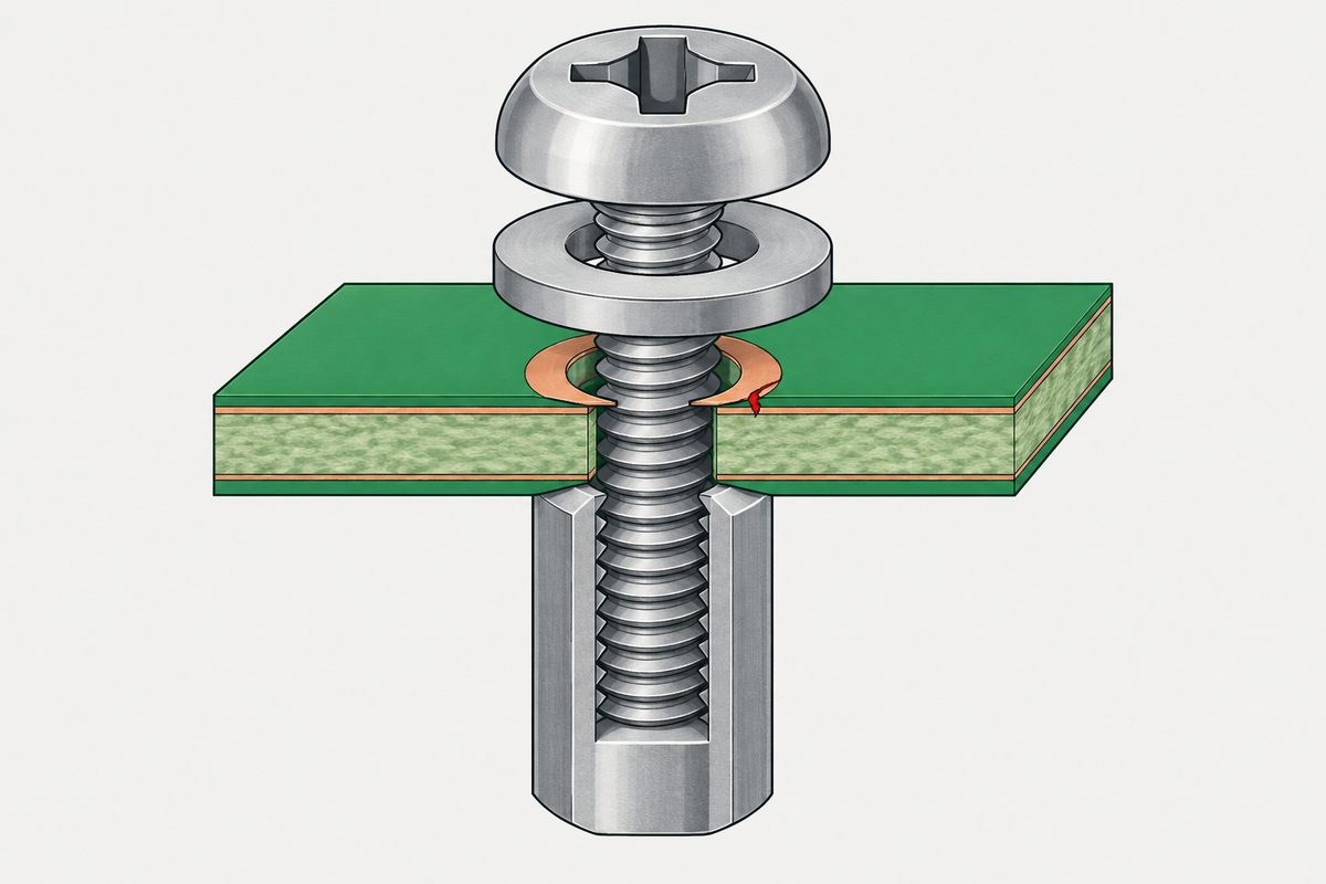 Cutaway screw through a circuit board, with a steel washer above a thin copper ring marked by a small red crack.