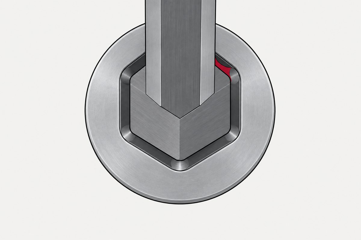 Steel hex key inside a rounded hex socket, with one corner gap highlighted in red.