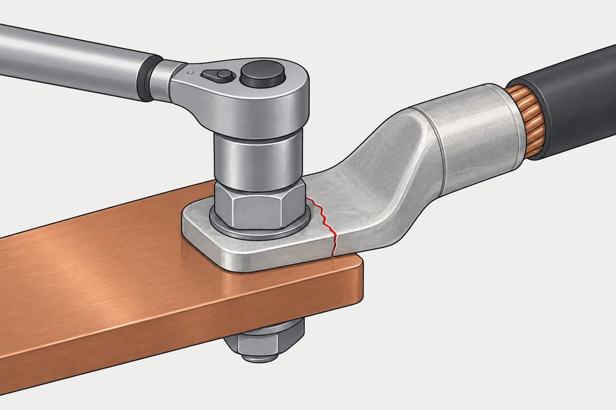 A torque wrench tightens a cable lug on a copper bar as a red crack forms beside the bolt.