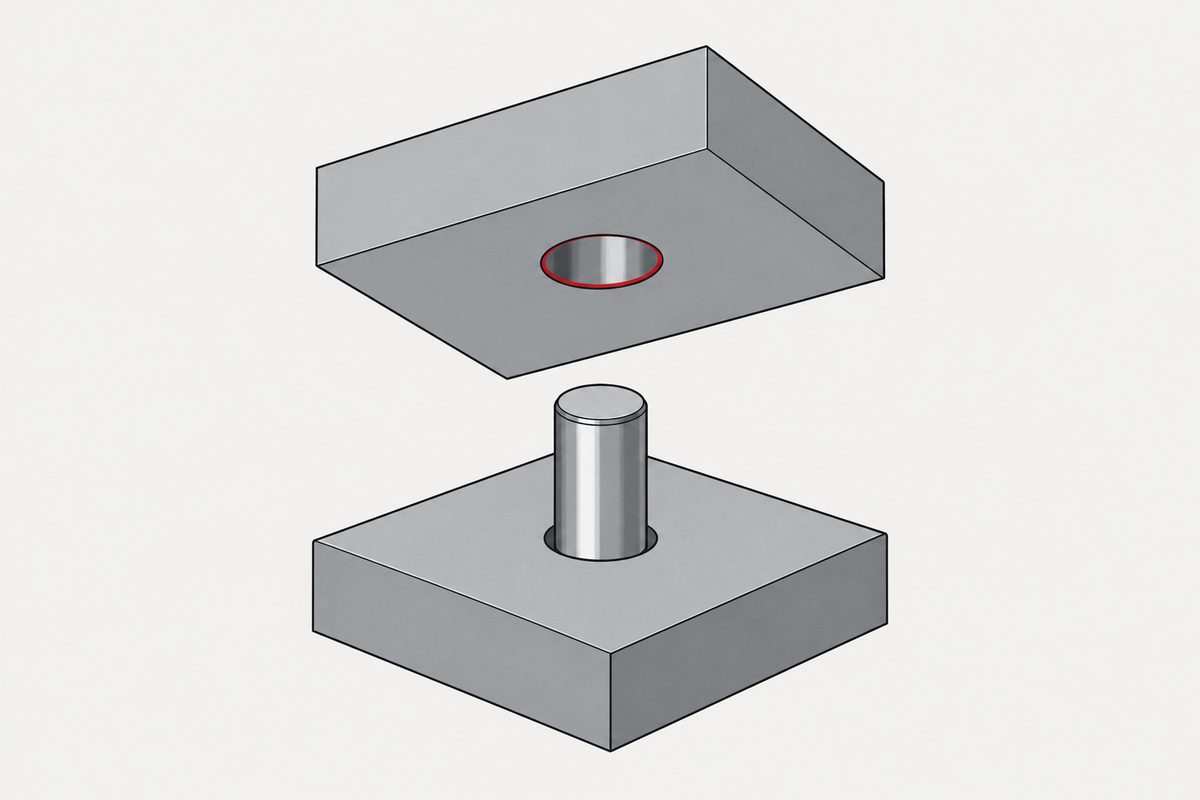 Exploded steel plates with a dowel pin aligned beneath a red-rimmed hole.