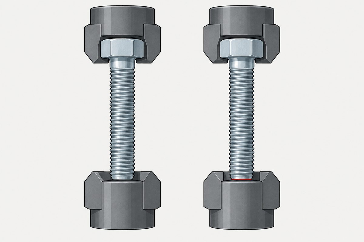 Two steel hex bolts held in tensile grips, with a thin red gap beneath the right bolt.