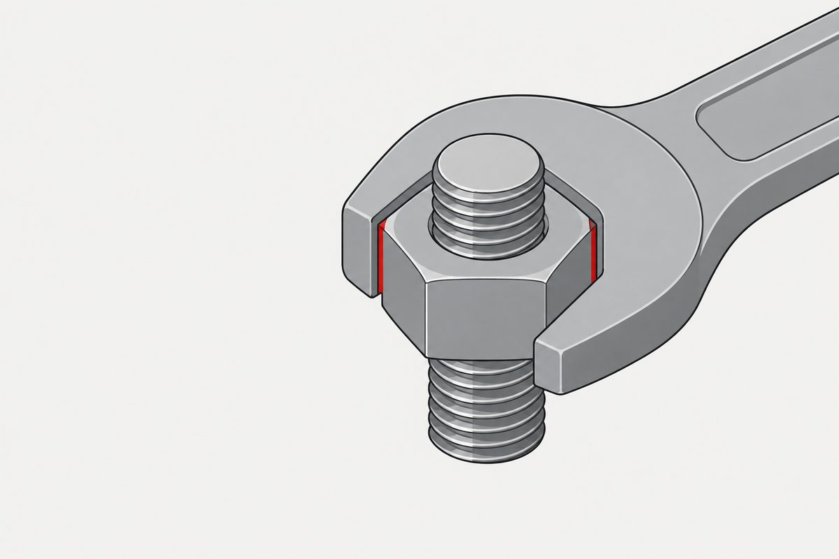 An open-end wrench grips a steel hex nut, with thin red clearance marks at both jaws.