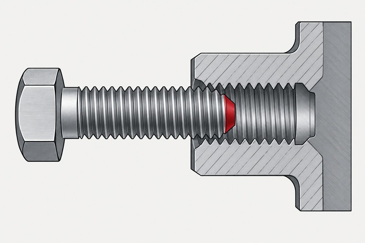 Cutaway of a hex bolt entering a threaded steel boss, with the chamfered tip highlighted red.