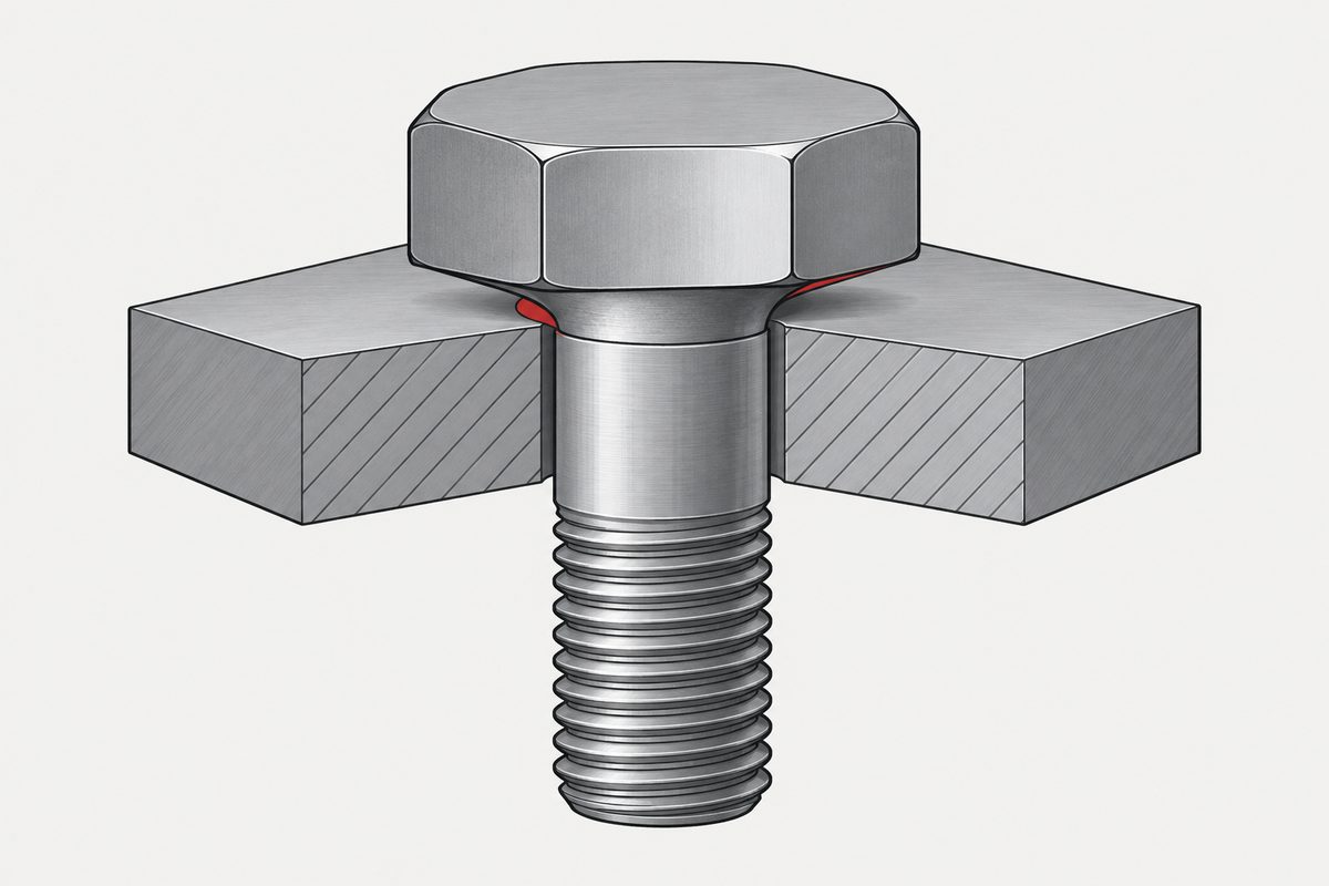 Cutaway steel plate with a hex bolt and a red-highlighted gap where the under-head curve meets the hole edge.