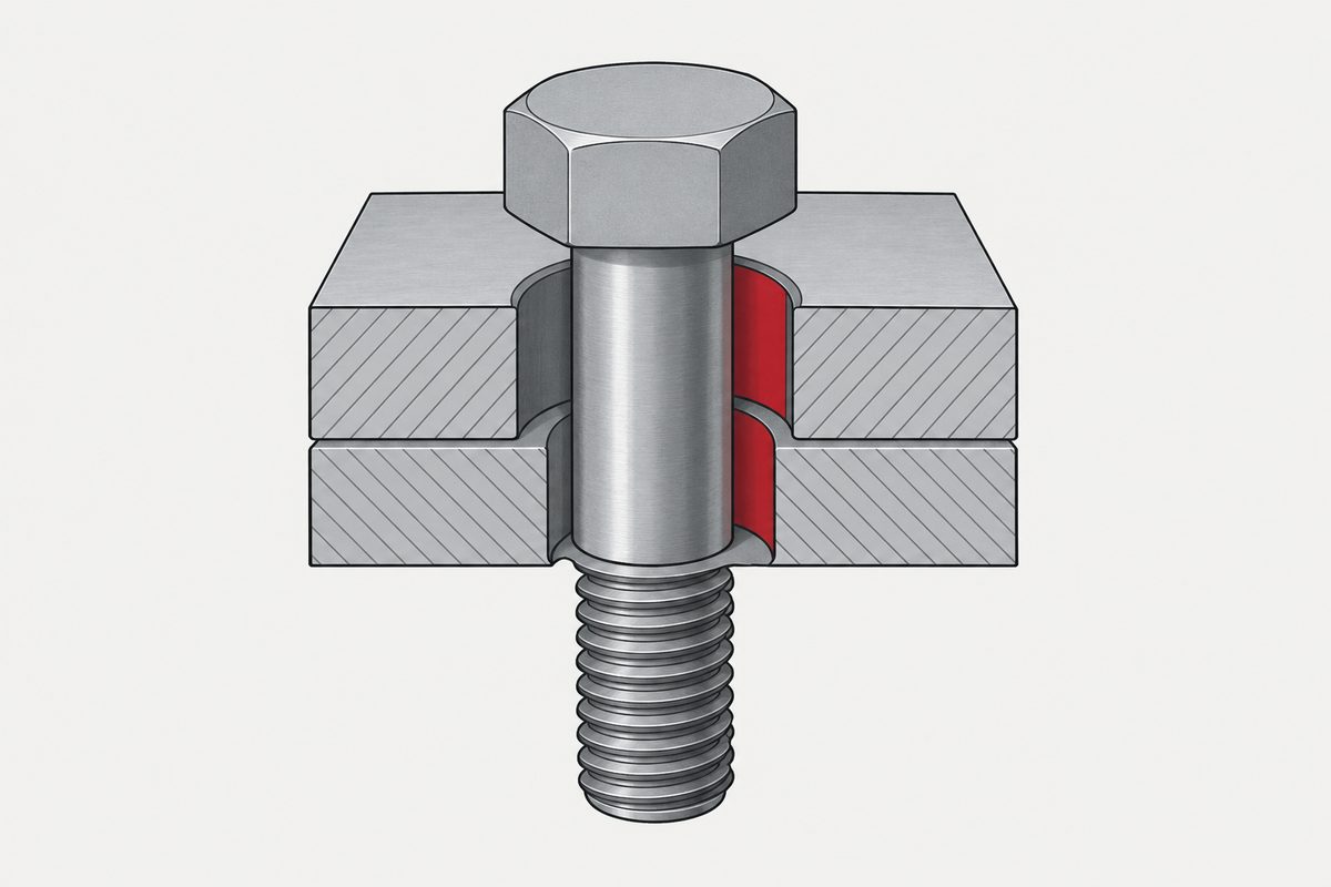 A steel hex bolt passes through two cutaway plates, with a red clearance gap visible along one side of the hole.