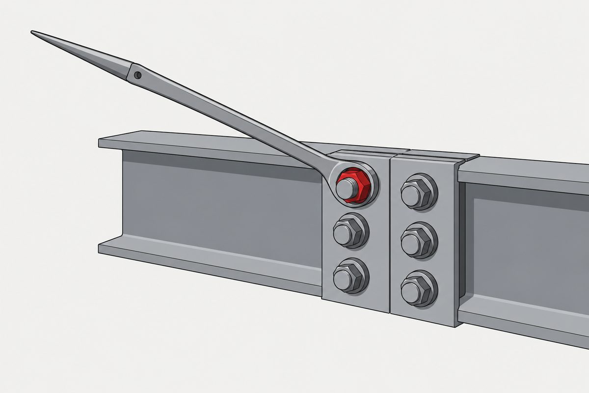 A long spud wrench grips one red nut on a grey, six-bolt structural-steel beam splice.