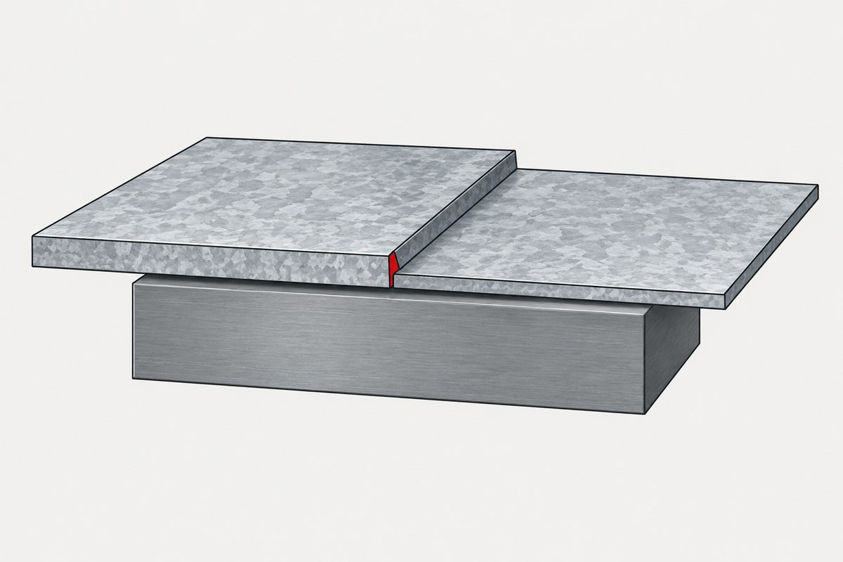 Two steel sheet coupons of different thicknesses rest on a steel block, with a red wedge at their meeting edges.