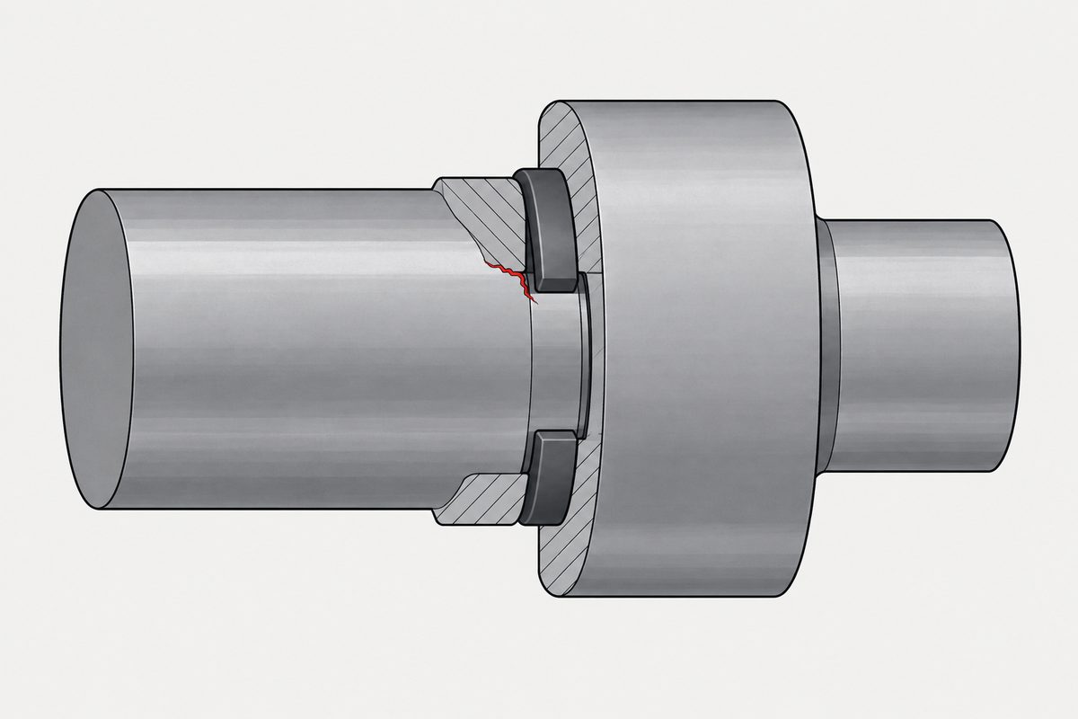 Cutaway steel shaft with a retaining ring seated in a groove and a small red crack at the groove root.
