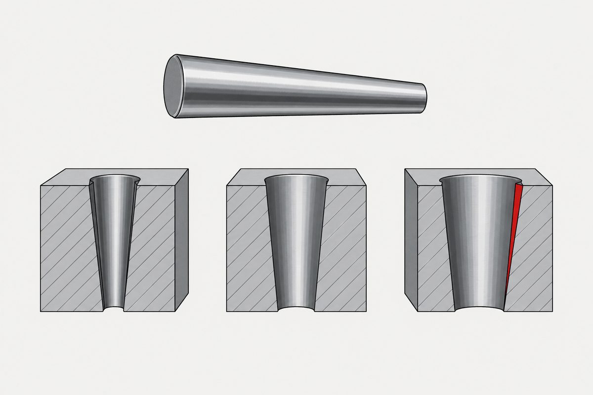 One steel taper pin above three cutaway blocks with different tapered holes and a red gap in the right hole.