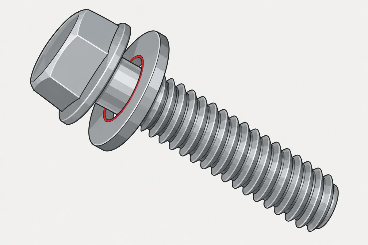 A steel screw with a tilted captive washer whose inner bore is highlighted red beside the larger threads.