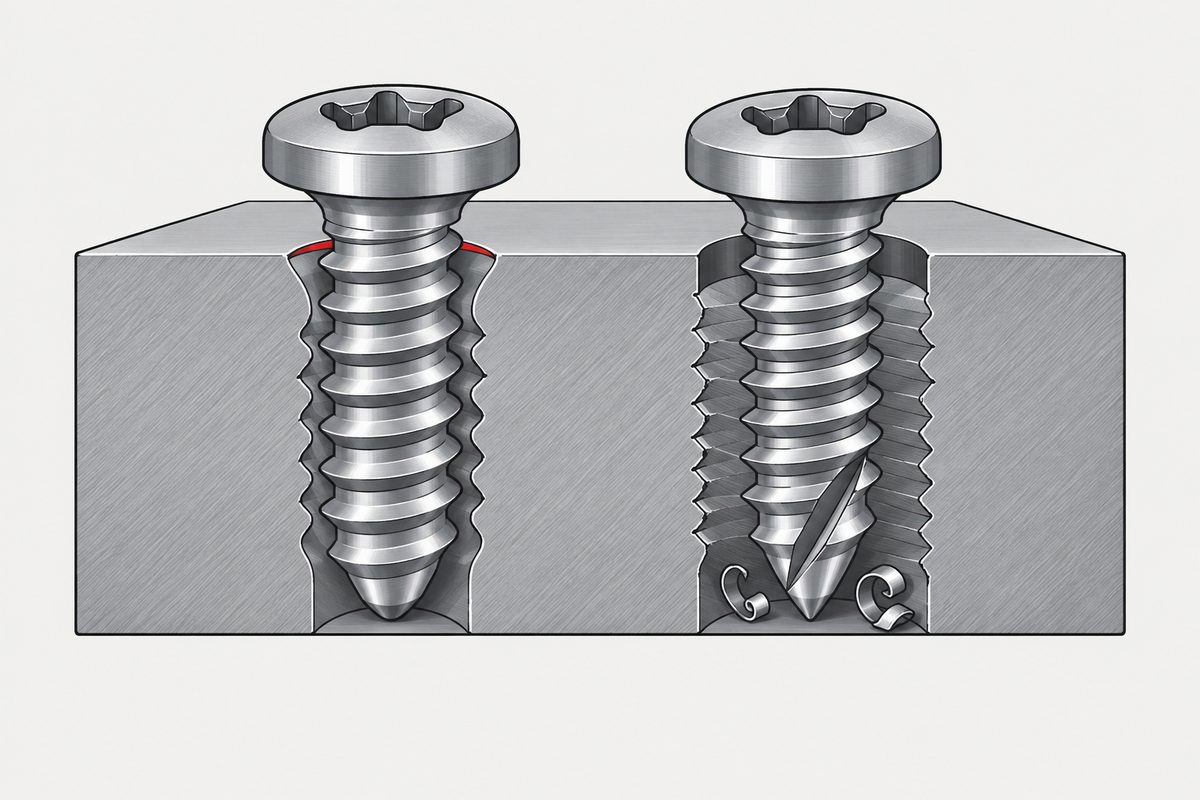 Cutaway steel plate with two screws; the left hole rim is red, while curled metal chips sit beneath the right screw.