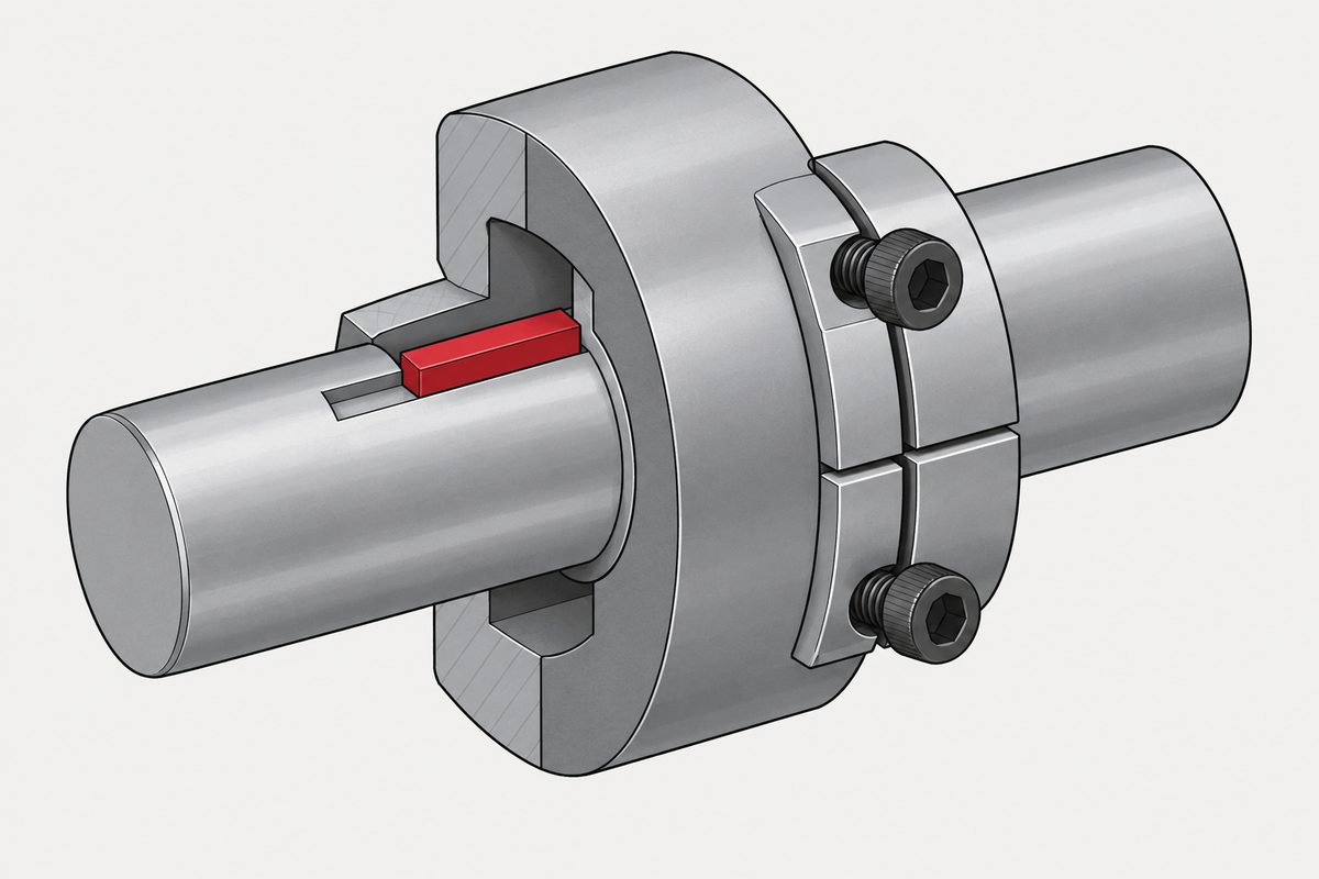 Cutaway steel shaft and hub with a red parallel key and a separate two-screw clamp collar.