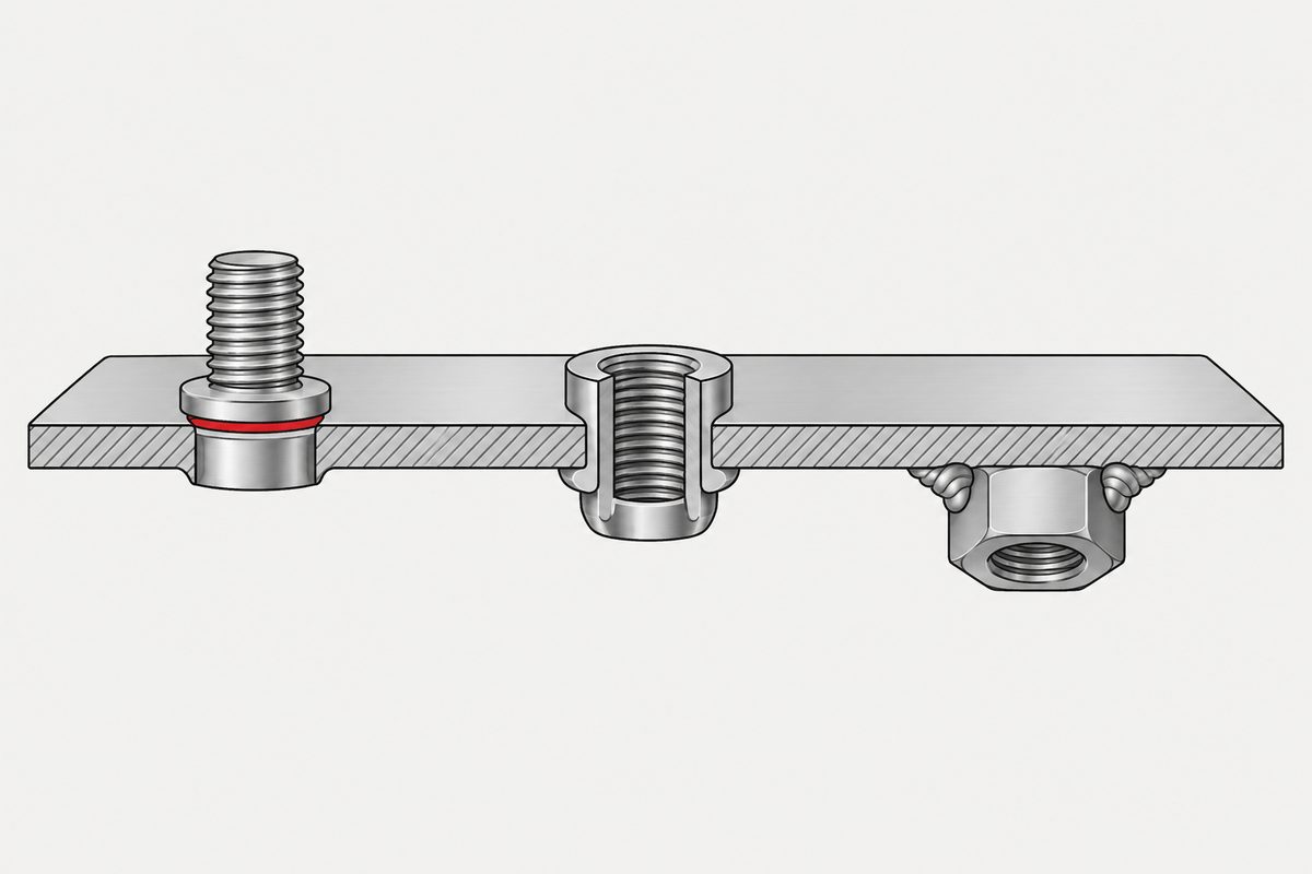 Cutaway steel panel with a raised clinch stud, a rivet nut, and a welded nut; a red gap marks the failed seat.