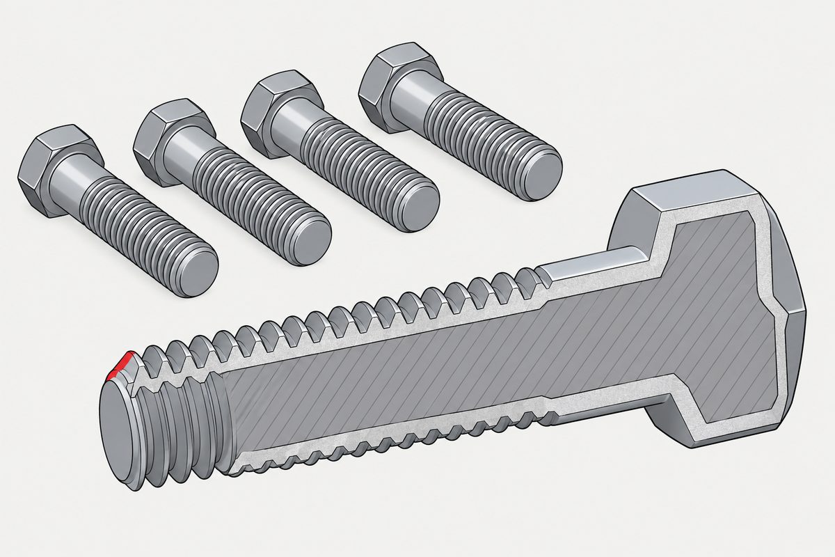 Four steel bolts beside a cutaway bolt with one thin coating edge highlighted red.